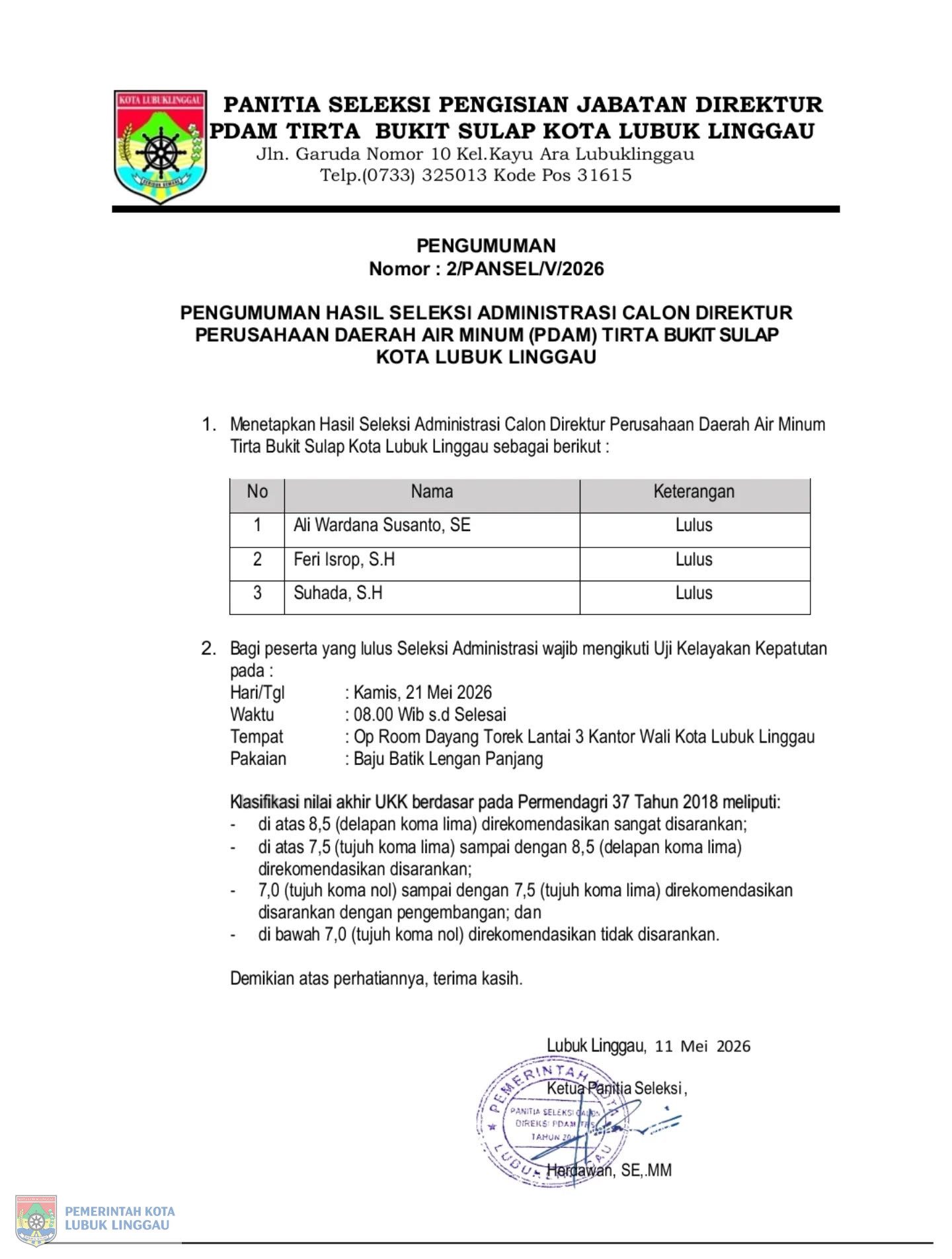 HASIL SELEKSI ADMINISTRASI CALON DIREKTUR PDAM TIRTA BUKIT SULAP KOTA LUBUK LINGGAU RESMI DIUMUMKAN