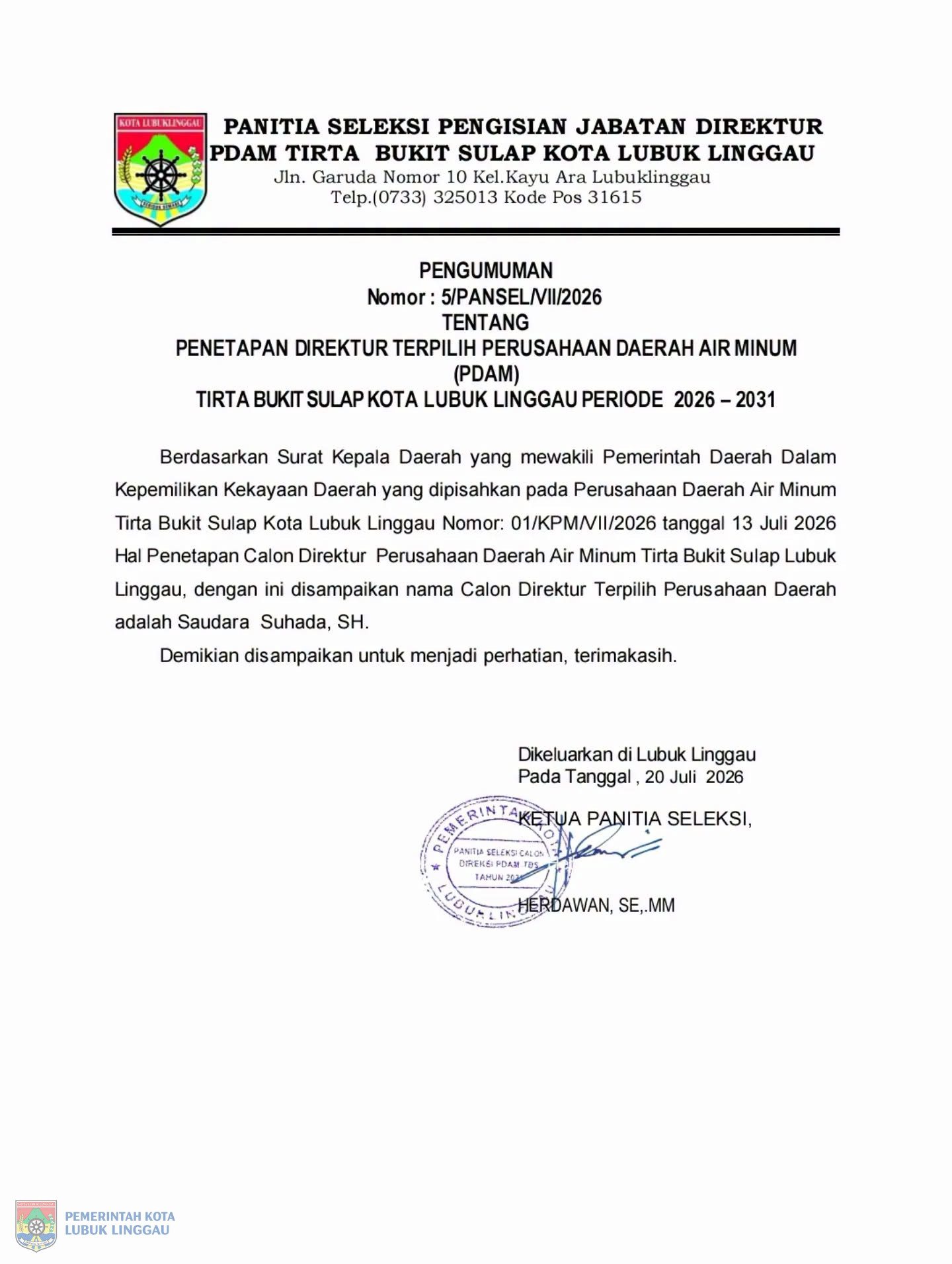 PENETAPAN DIREKTUR TERPILIH PDAM TIRTA BUKIT SULAP KOTA LUBUK LINGGAU PERIODE 2026–2031
