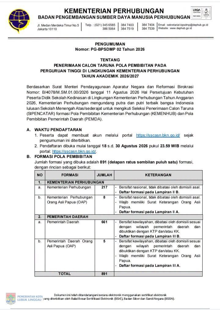 Kemenhub Buka Seleksi Penerimaan Calon Taruna