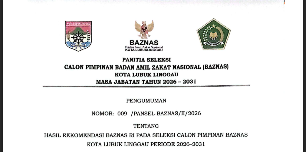 Pengumuman Calon Pimpinan BAZNAS Kota Llg Periode 2026-2031